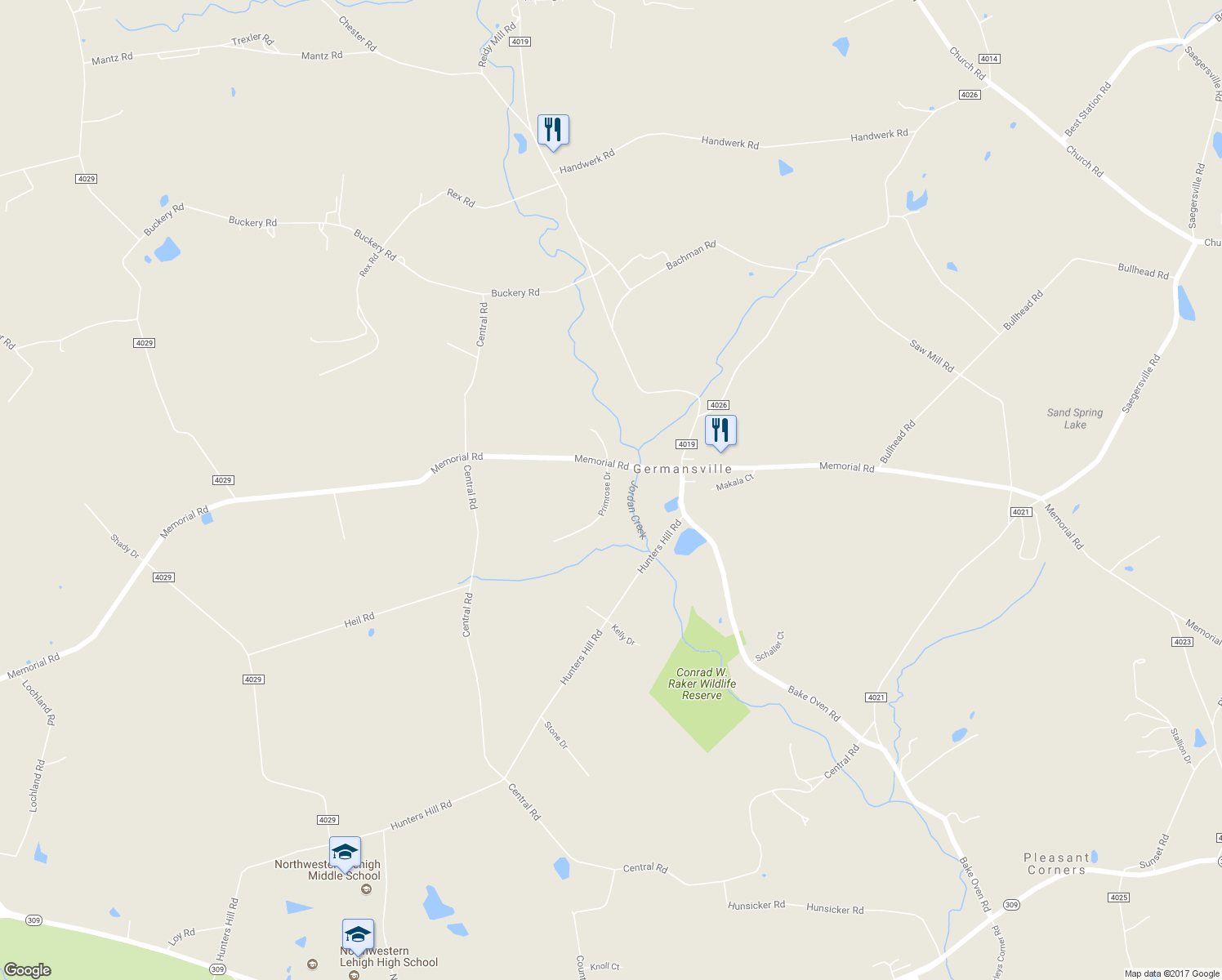 map of restaurants, bars, coffee shops, grocery stores, and more near 6098 Memorial Road in Germansville