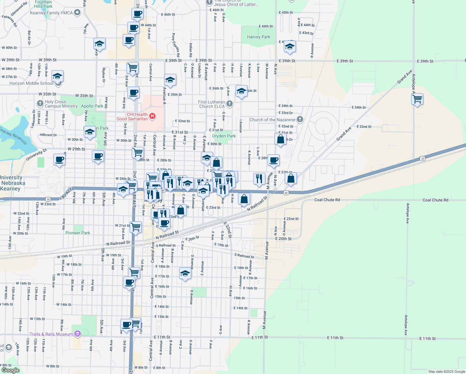 map of restaurants, bars, coffee shops, grocery stores, and more near 2648 I Avenue in Kearney