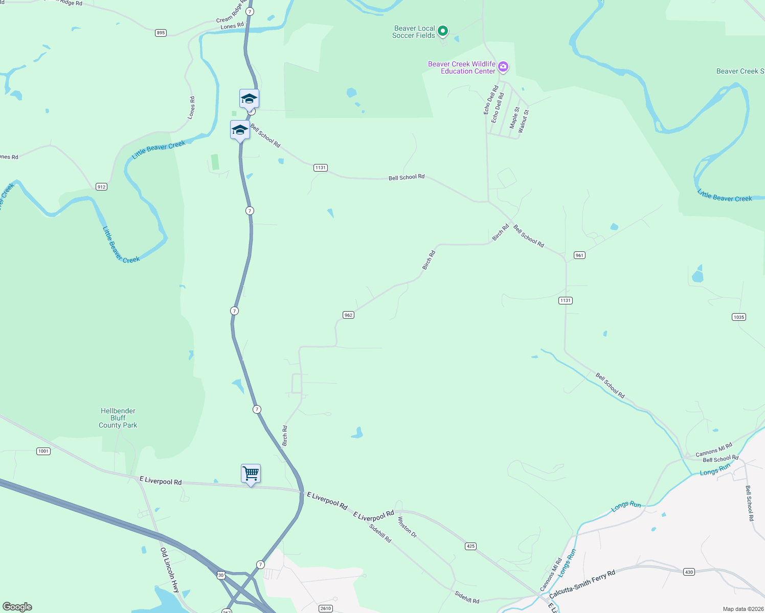 map of restaurants, bars, coffee shops, grocery stores, and more near 13640 Birch Road in East Liverpool