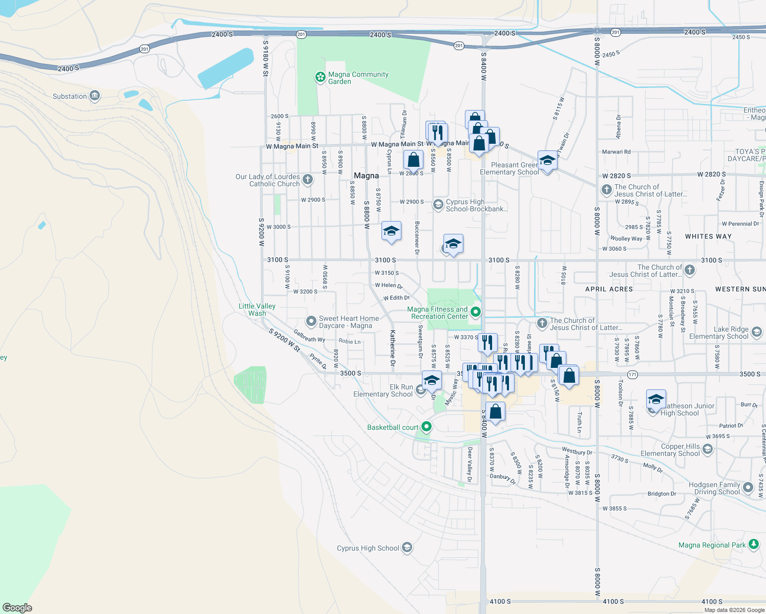 map of restaurants, bars, coffee shops, grocery stores, and more near 3267 South Katherine Drive in Magna