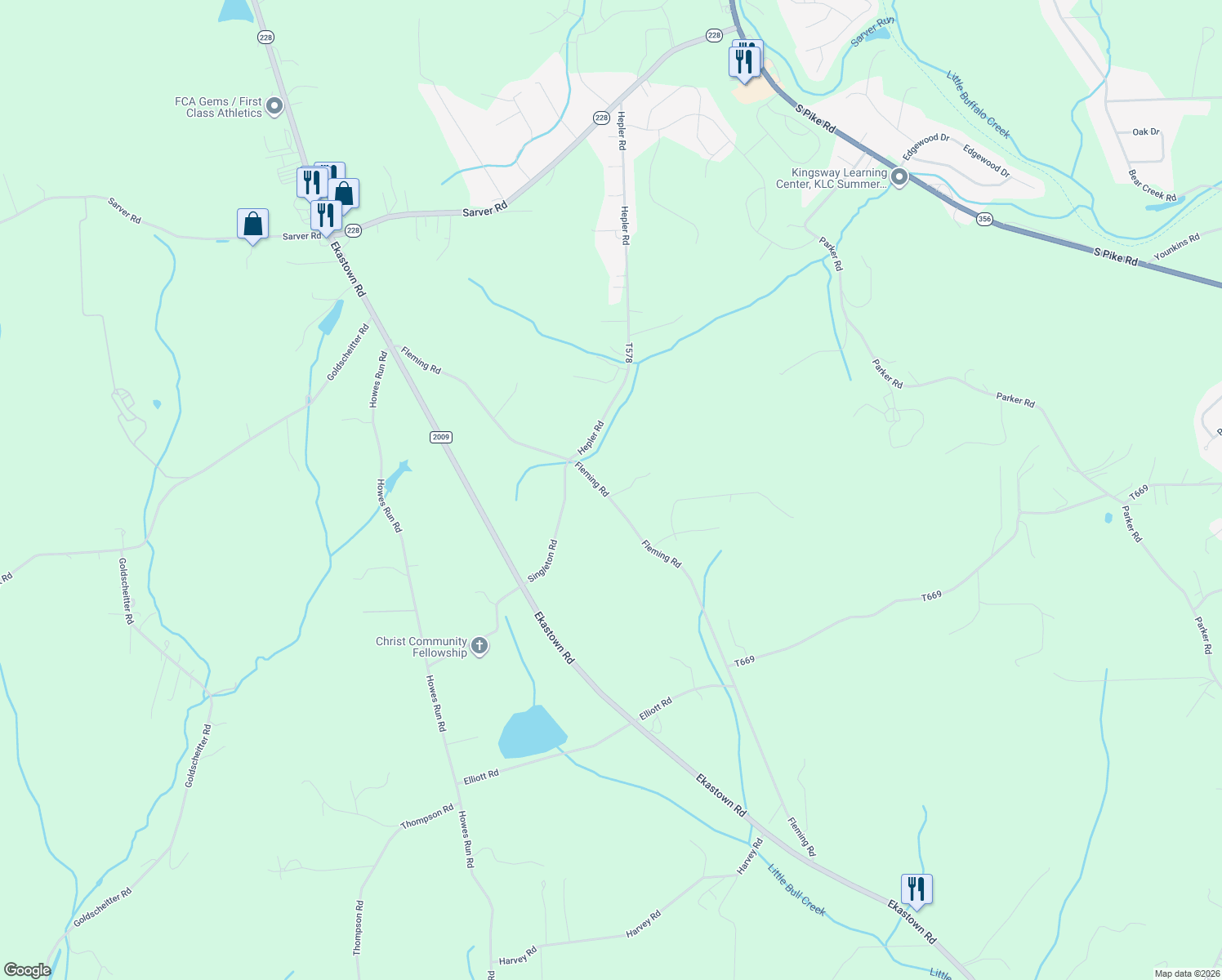 map of restaurants, bars, coffee shops, grocery stores, and more near 565 1/2 Fleming Road in Sarver