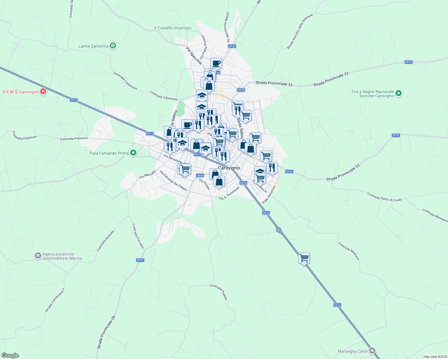 map of restaurants, bars, coffee shops, grocery stores, and more near 21 Via Saverio Mercadante in Carovigno