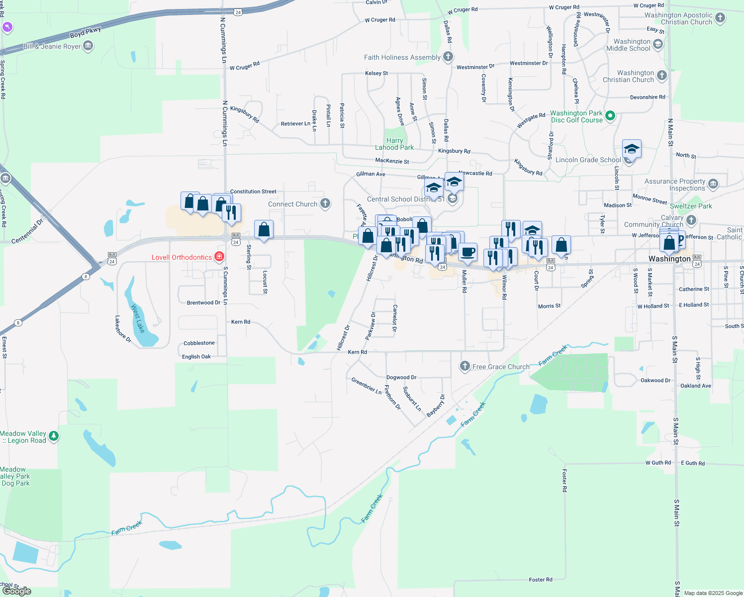 map of restaurants, bars, coffee shops, grocery stores, and more near 302 Parkview Dr in Washington