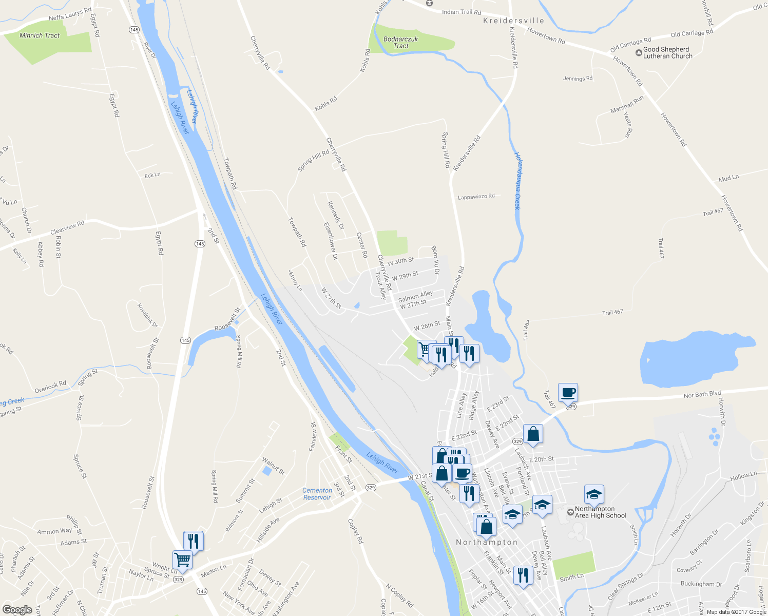map of restaurants, bars, coffee shops, grocery stores, and more near 231 W 27th St in Northampton