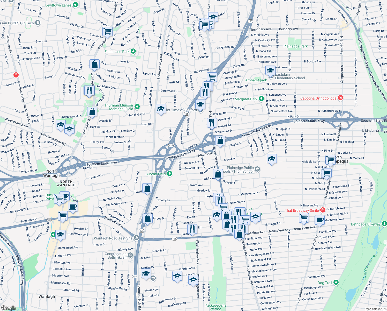 map of restaurants, bars, coffee shops, grocery stores, and more near 3986 Alken Avenue in North Wantagh