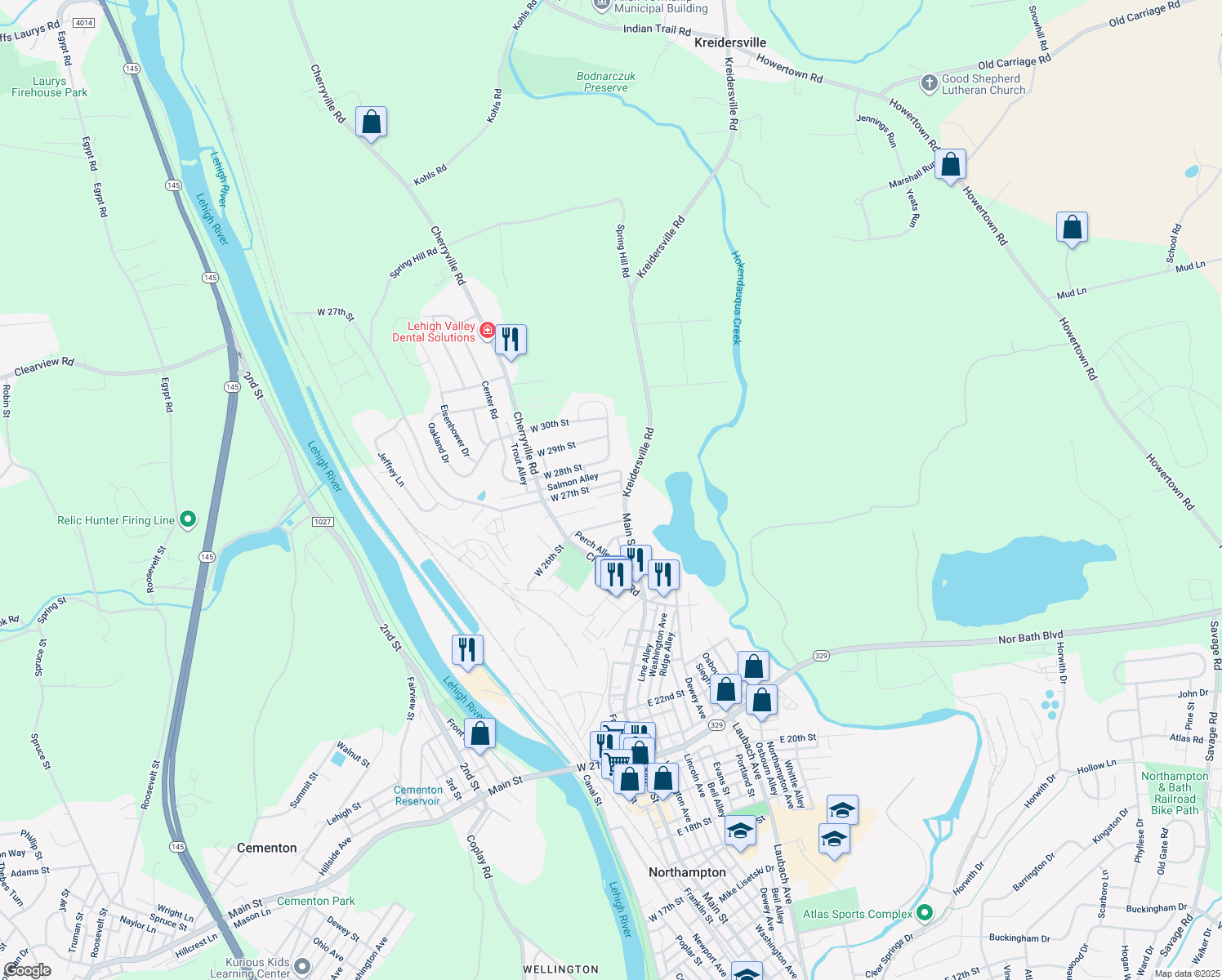 map of restaurants, bars, coffee shops, grocery stores, and more near 6 West 27th Street in Northampton