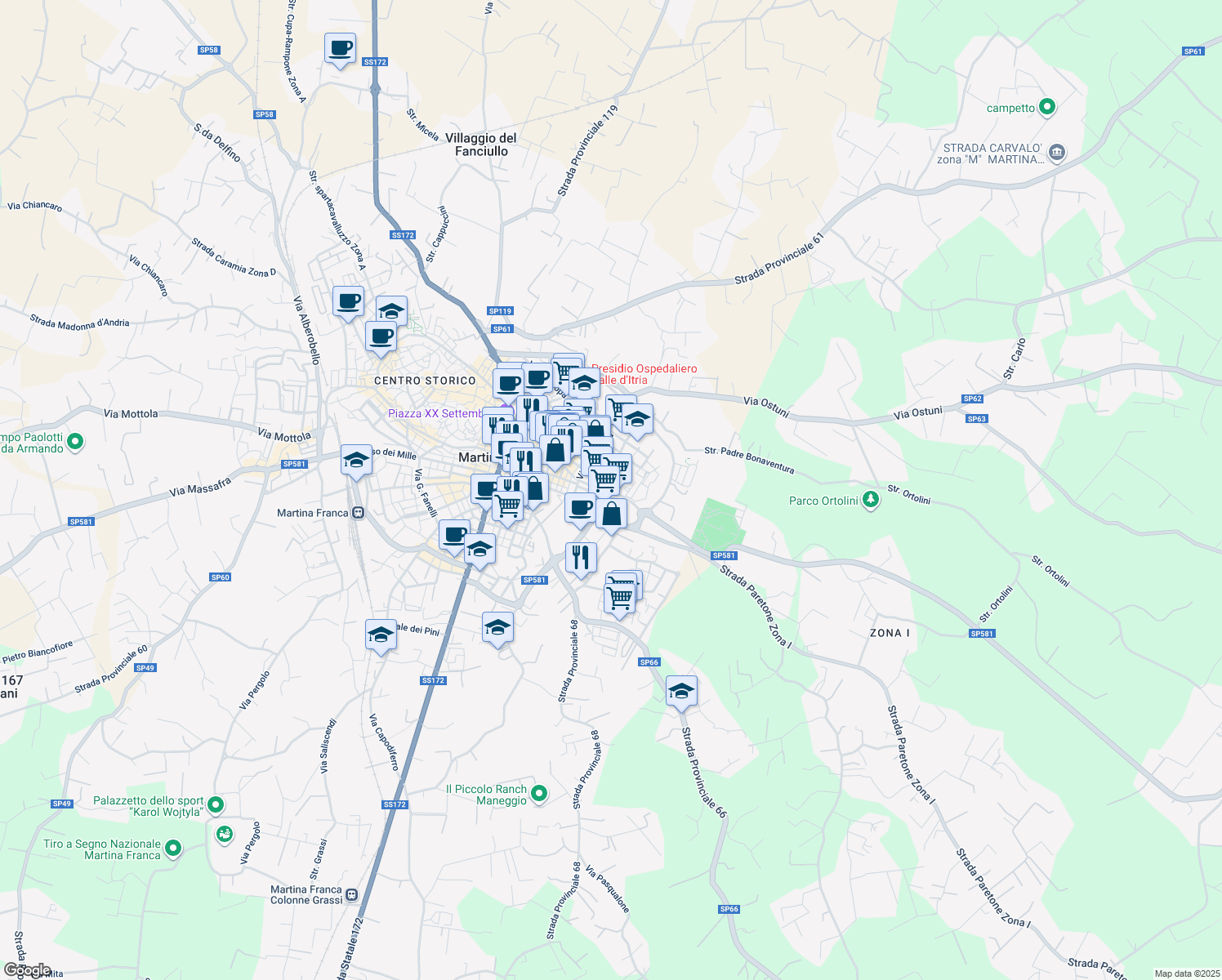 map of restaurants, bars, coffee shops, grocery stores, and more near 40 Via del Tocco in Martina Franca