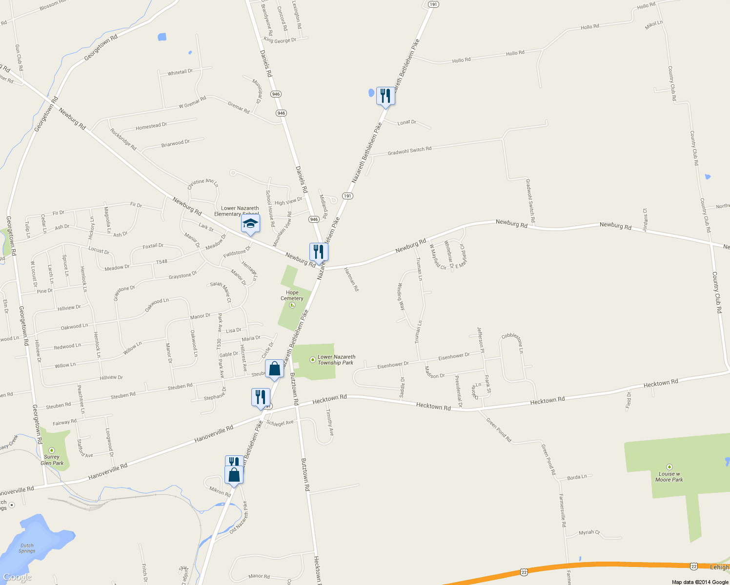 map of restaurants, bars, coffee shops, grocery stores, and more near 384 Hartman Rd in Bethlehem