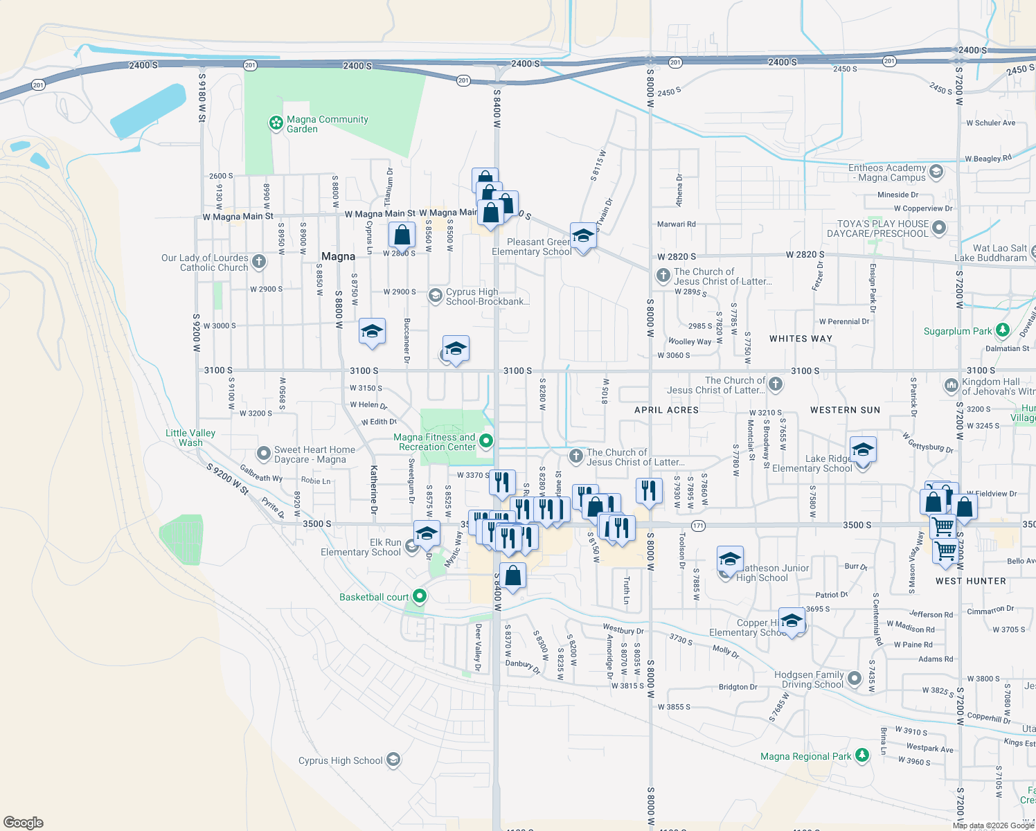 map of restaurants, bars, coffee shops, grocery stores, and more near 8348 West Powell Avenue in Magna