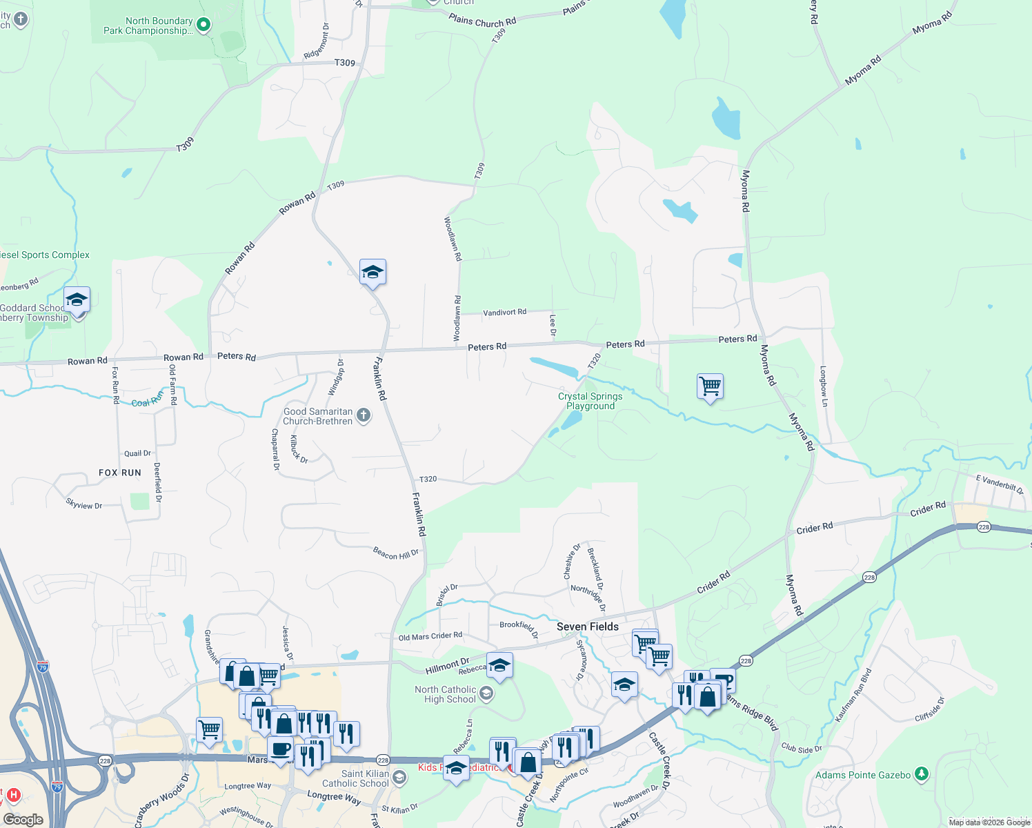 map of restaurants, bars, coffee shops, grocery stores, and more near 26 Burke Road in Cranberry Township