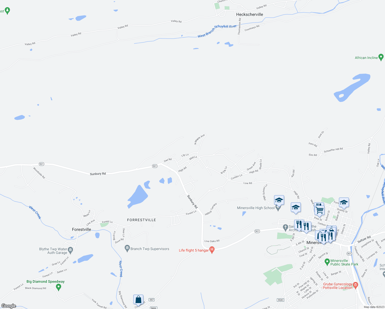 map of restaurants, bars, coffee shops, grocery stores, and more near 46 Lily Lane in Pottsville