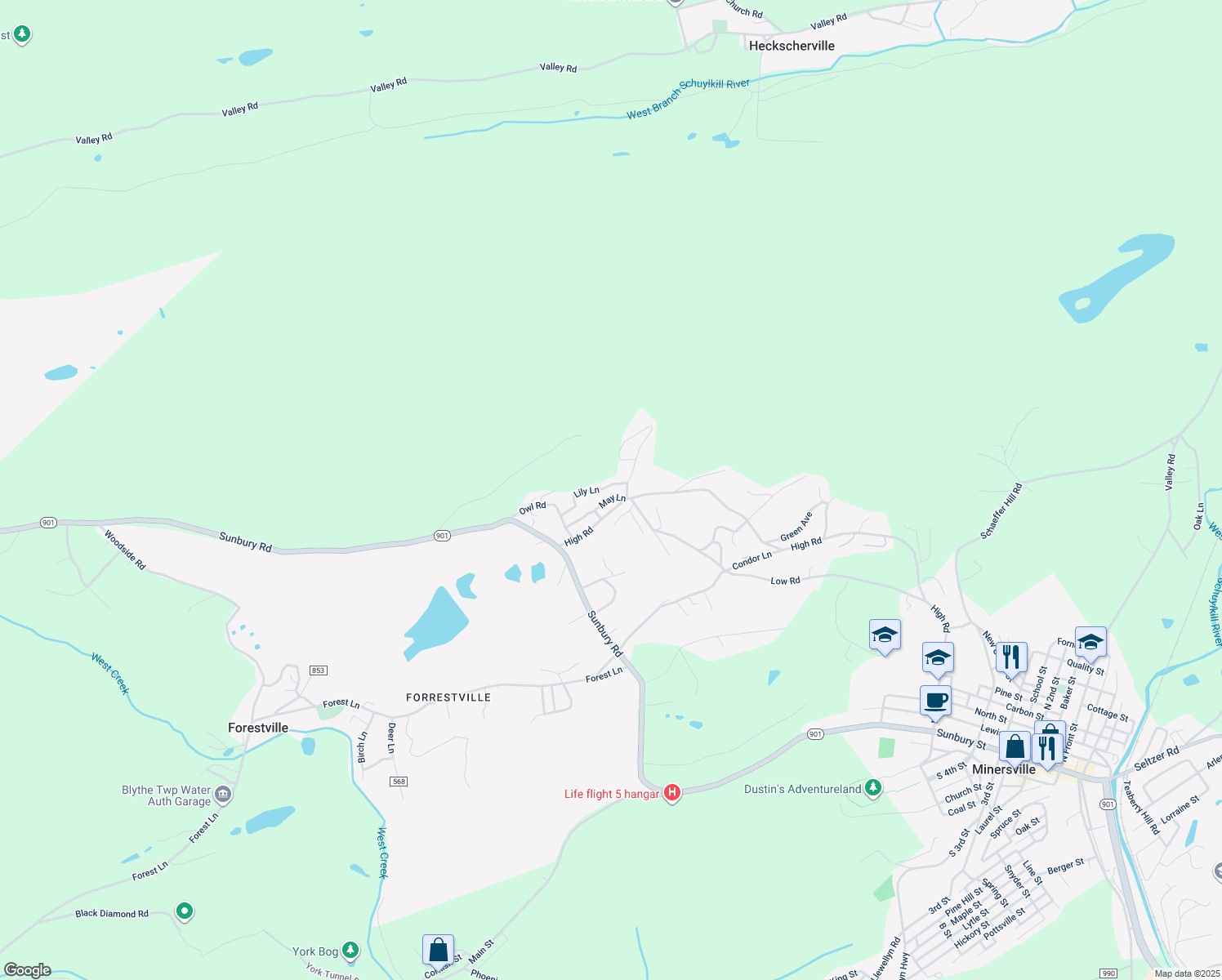 map of restaurants, bars, coffee shops, grocery stores, and more near 46 Lily Lane in Pottsville
