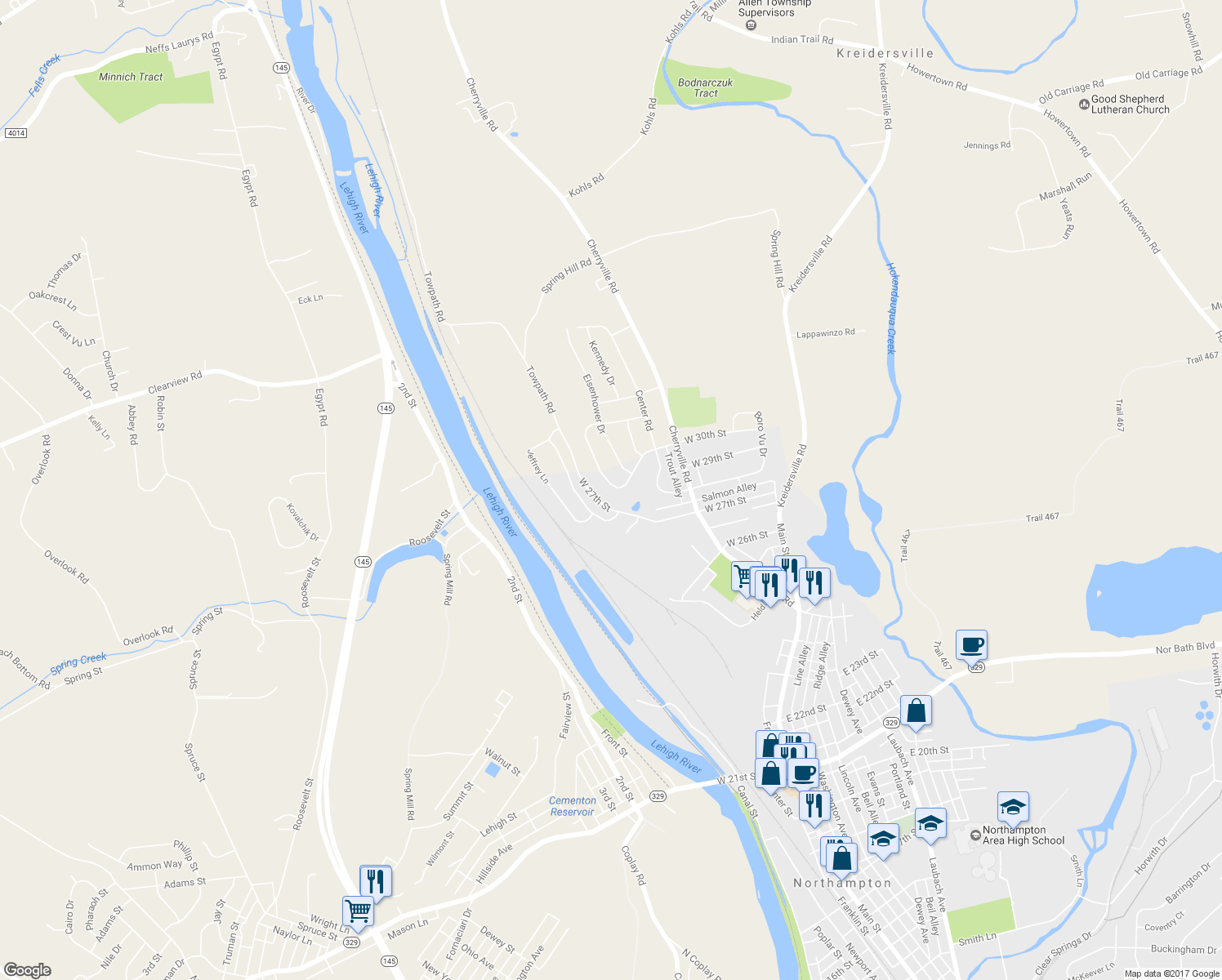 map of restaurants, bars, coffee shops, grocery stores, and more near 3006 Oakland Drive in Northampton