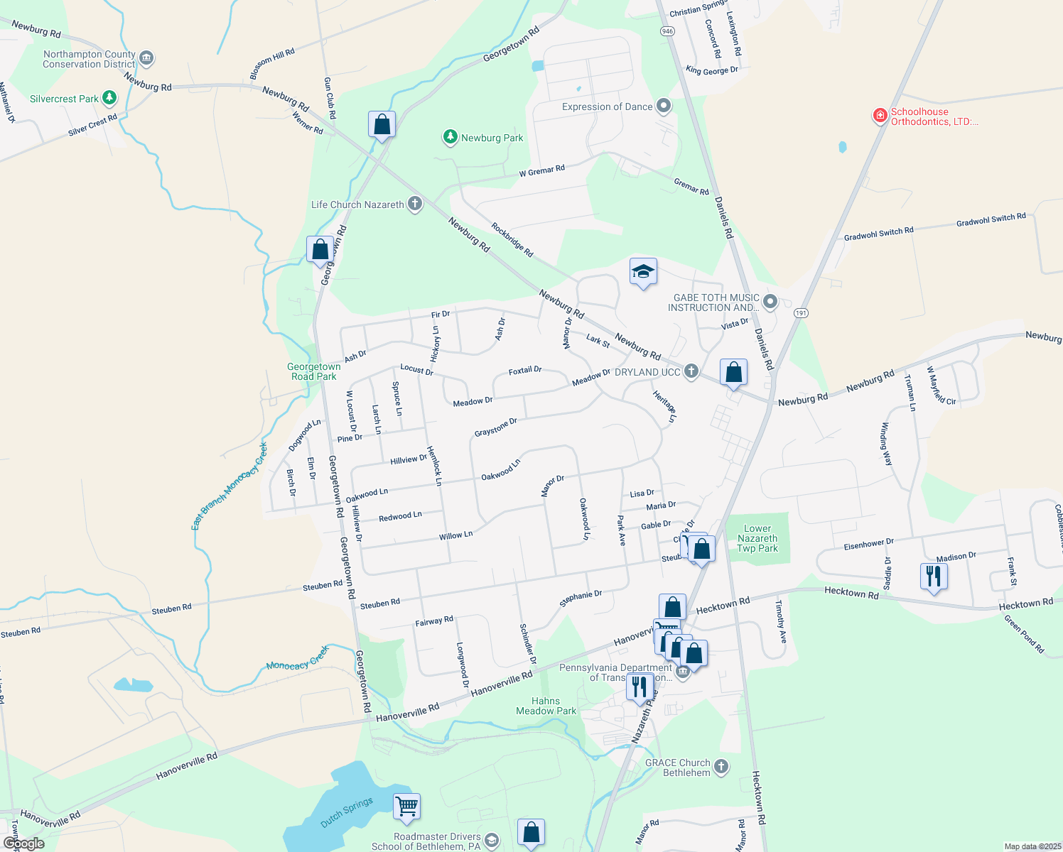map of restaurants, bars, coffee shops, grocery stores, and more near 4535 Graystone Drive in Nazareth