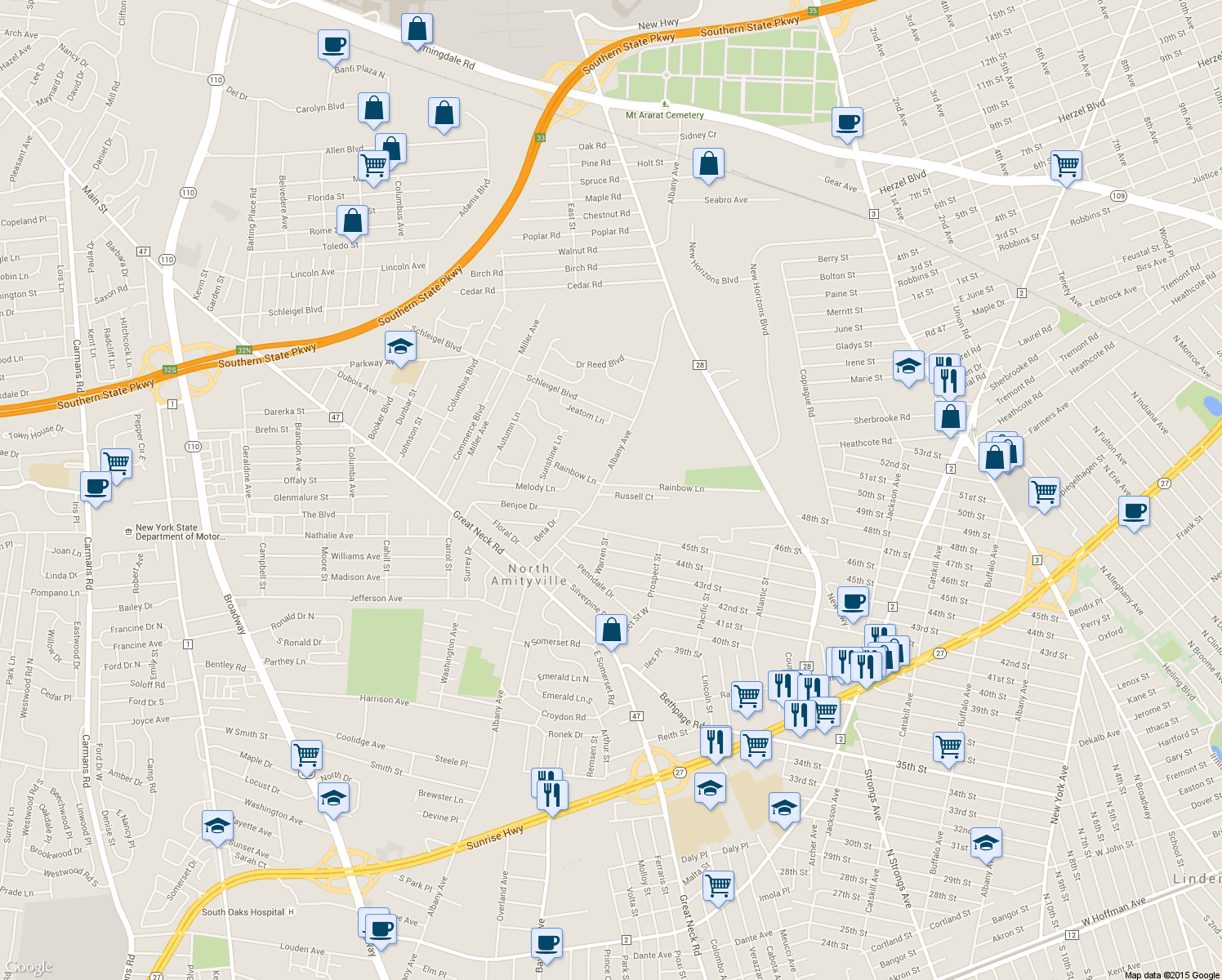 map of restaurants, bars, coffee shops, grocery stores, and more near 3 Russell Ct in Copiague