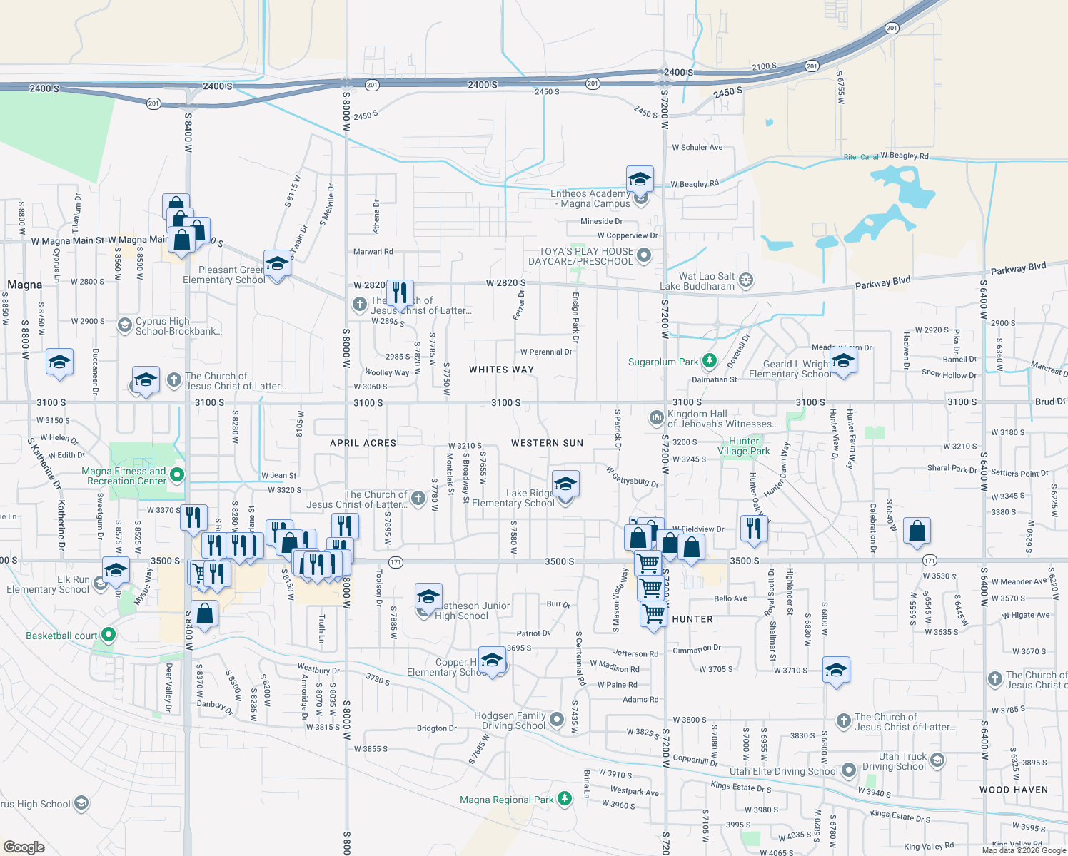 map of restaurants, bars, coffee shops, grocery stores, and more near 3160 Magnolia Dr in Magna