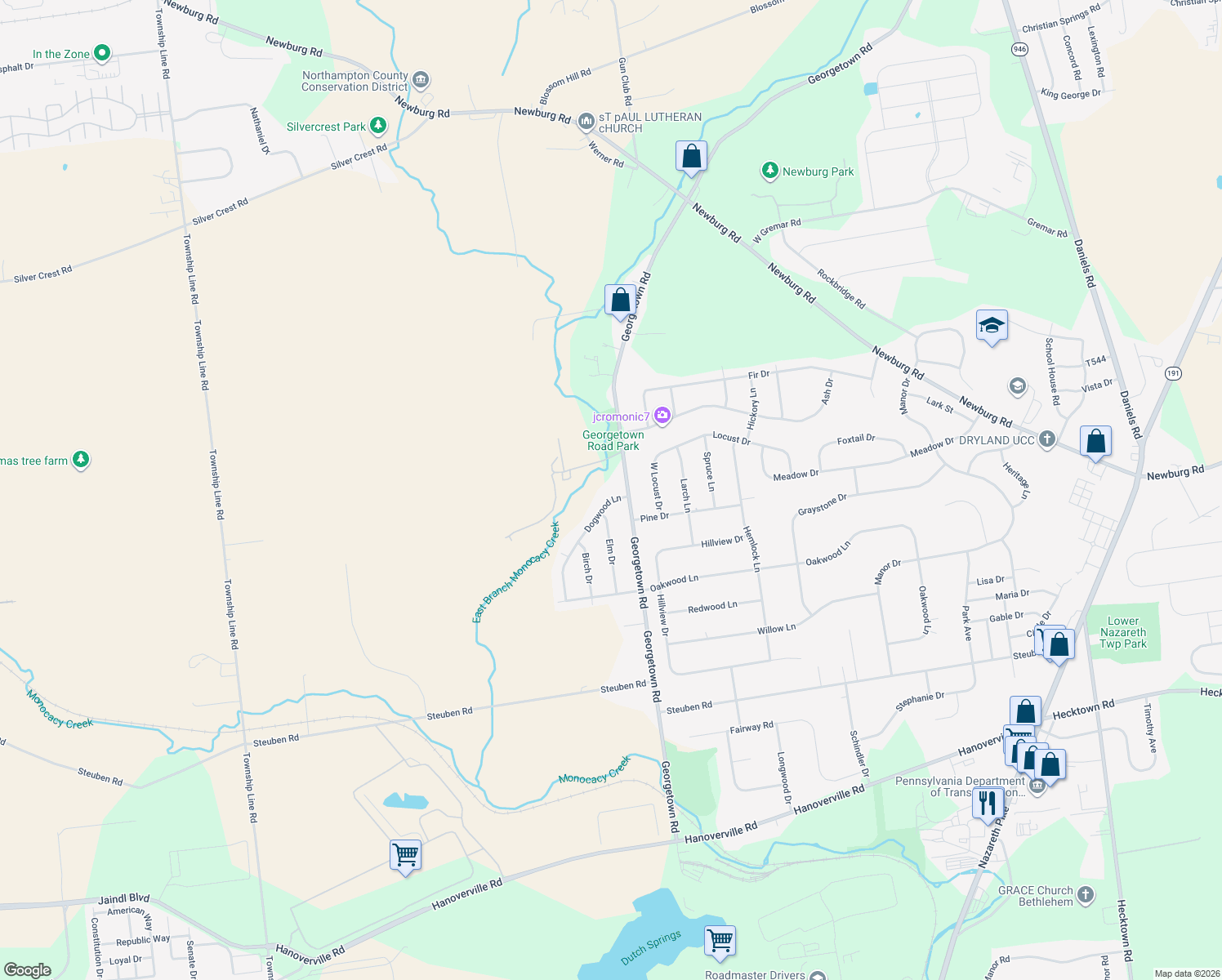 map of restaurants, bars, coffee shops, grocery stores, and more near 453 Dogwood Lane in Nazareth