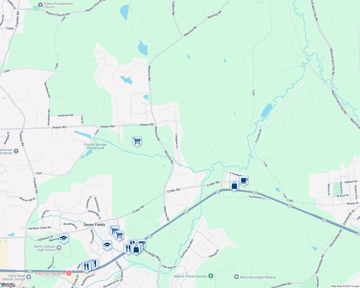 map of restaurants, bars, coffee shops, grocery stores, and more near 211 Longbow Ln in Mars