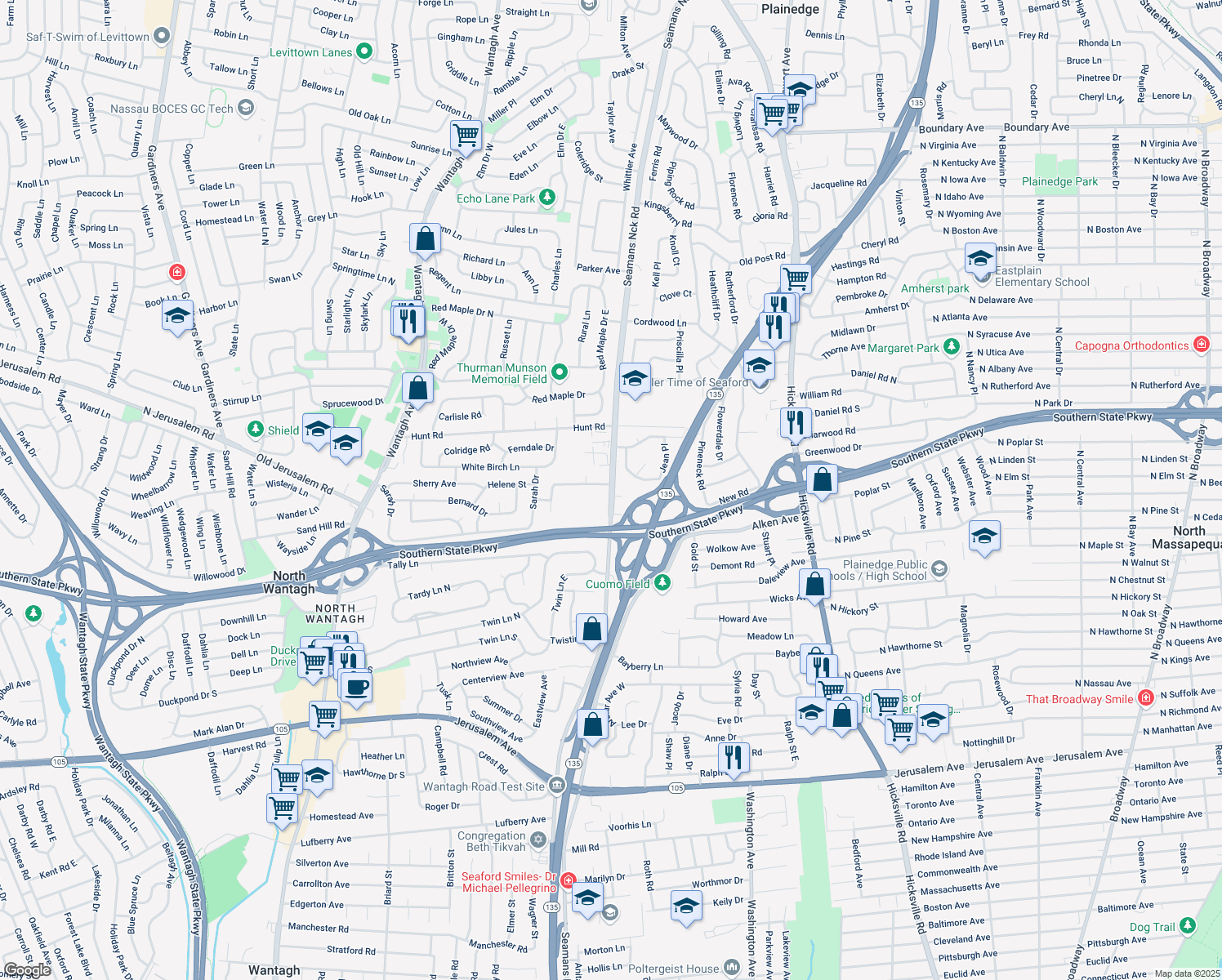 map of restaurants, bars, coffee shops, grocery stores, and more near 870 Seamans Neck Road in Seaford