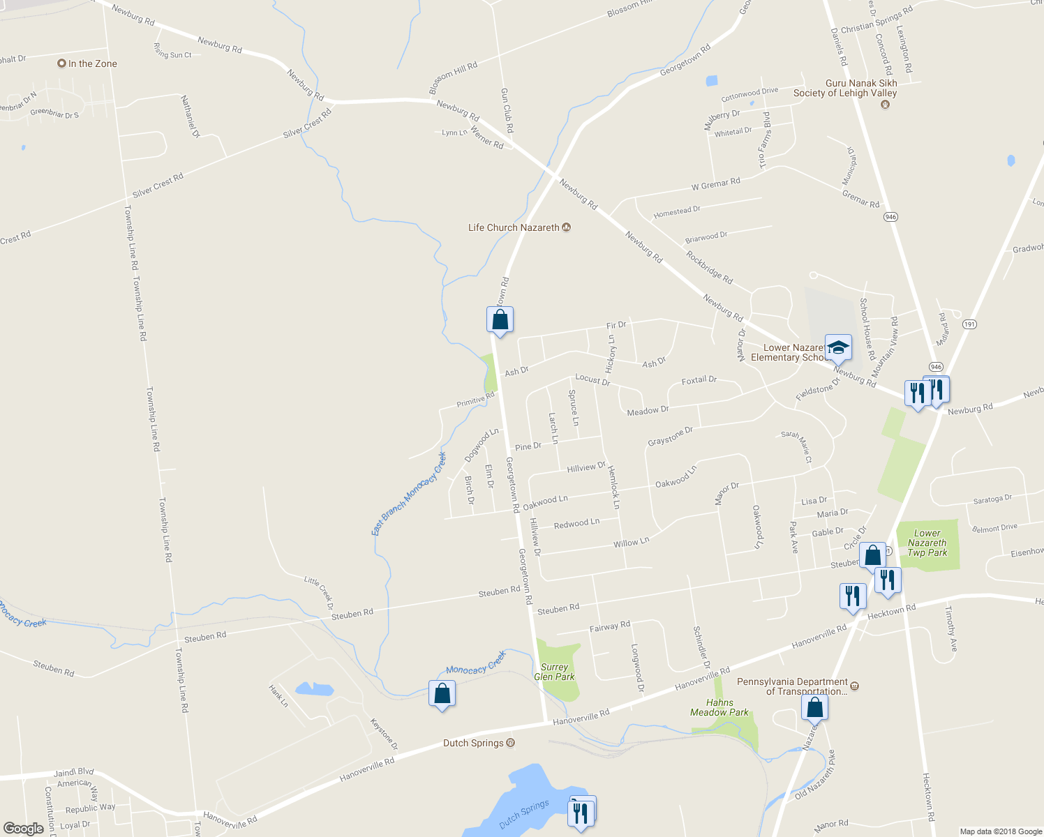 map of restaurants, bars, coffee shops, grocery stores, and more near 453 West Locust Drive in Nazareth