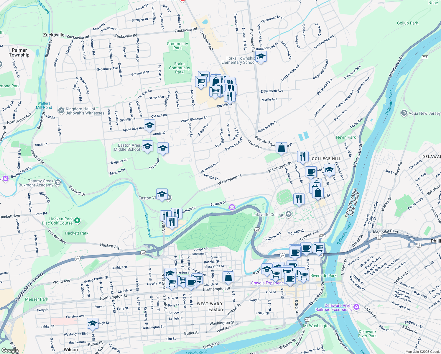 map of restaurants, bars, coffee shops, grocery stores, and more near 22 Chestnut Ridge Circle in Easton