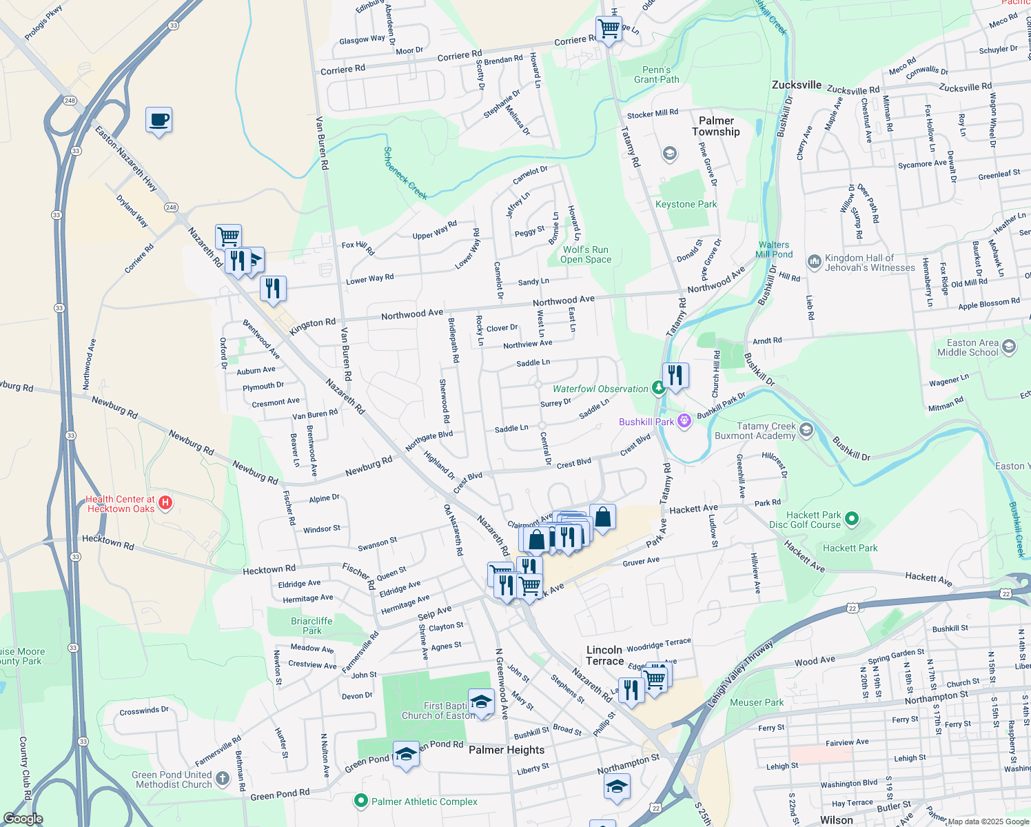 map of restaurants, bars, coffee shops, grocery stores, and more near 15 Surrey Dr in Easton