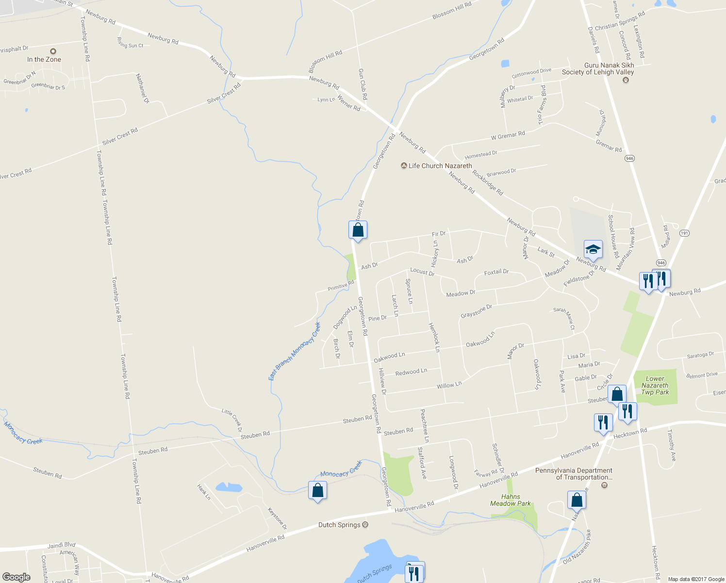 map of restaurants, bars, coffee shops, grocery stores, and more near 464 Georgetown Road in Nazareth