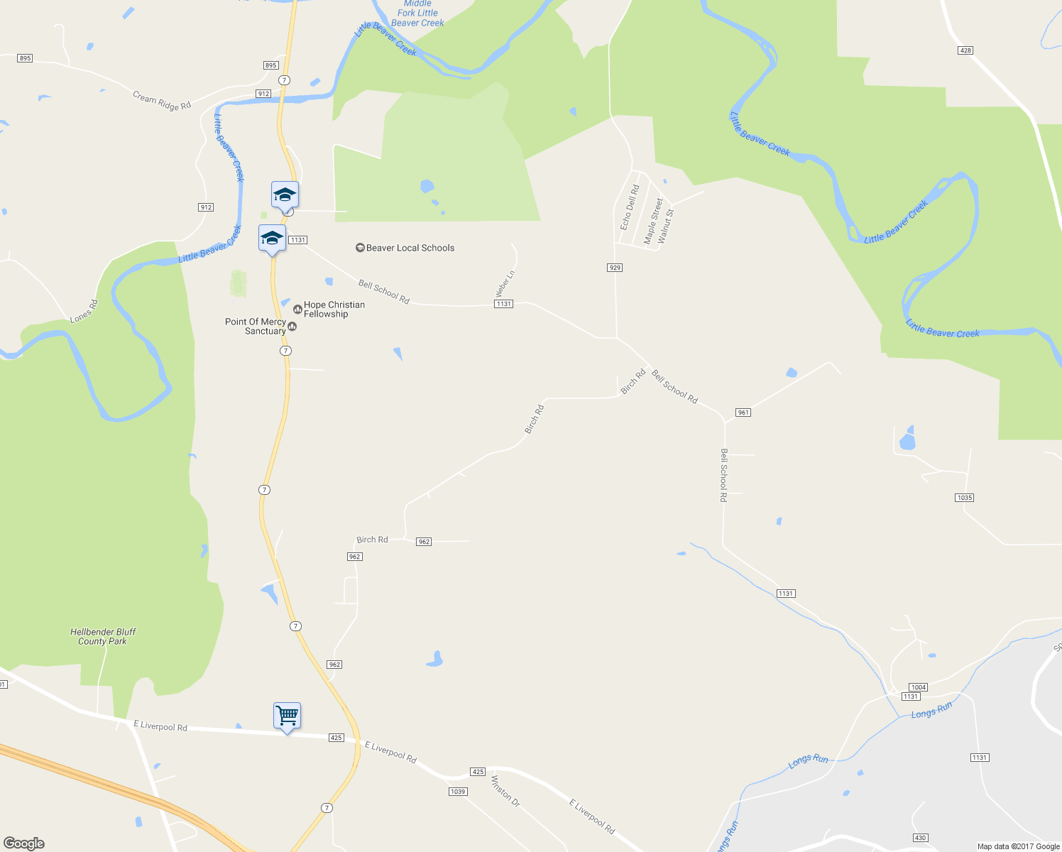 map of restaurants, bars, coffee shops, grocery stores, and more near 13640 Birch Road in East Liverpool