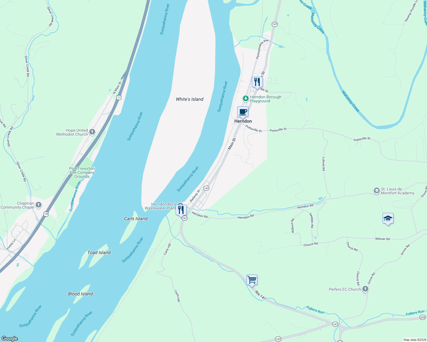 map of restaurants, bars, coffee shops, grocery stores, and more near Railway St in Herndon