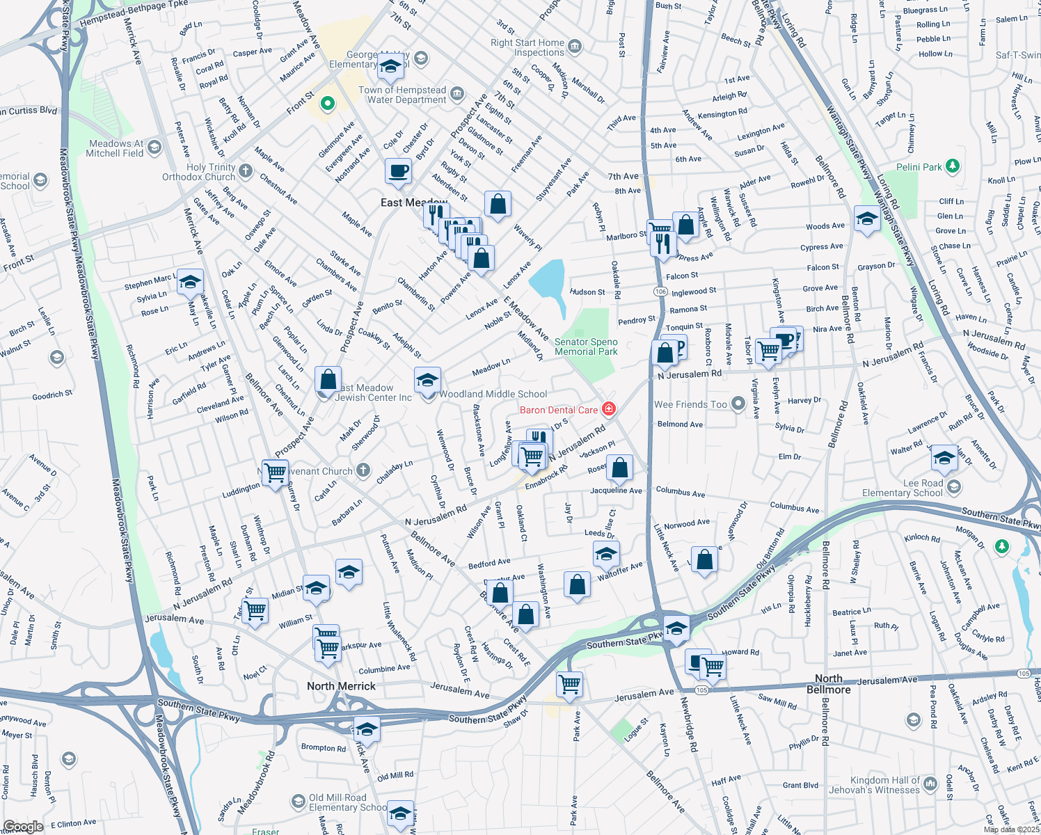 map of restaurants, bars, coffee shops, grocery stores, and more near 2048 Longfellow Avenue in East Meadow