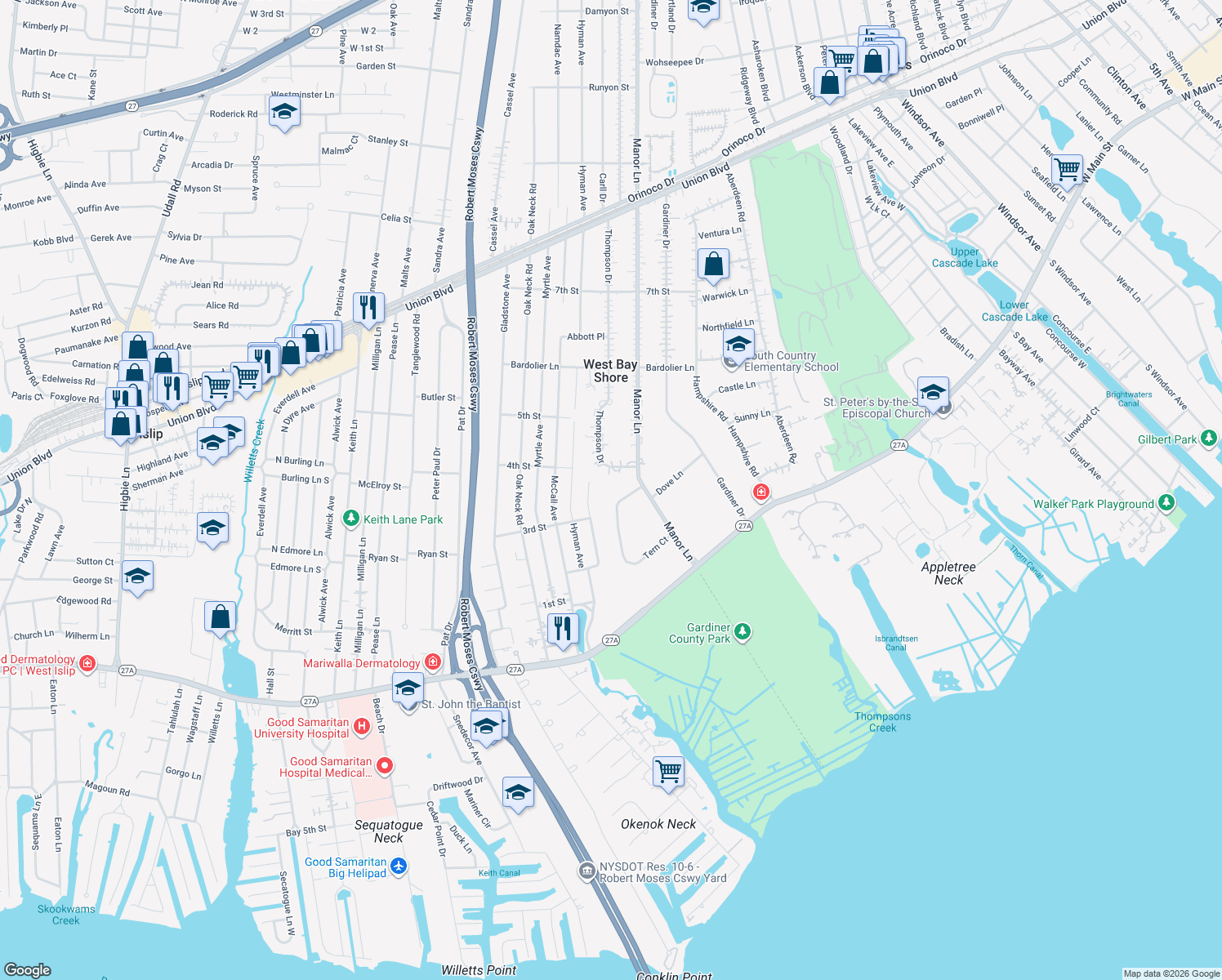 map of restaurants, bars, coffee shops, grocery stores, and more near 52 Tern Court in Bay Shore