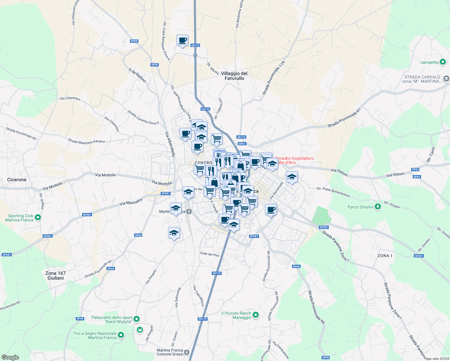 map of restaurants, bars, coffee shops, grocery stores, and more near 6 Via Benvenuto Cellini in Martina Franca