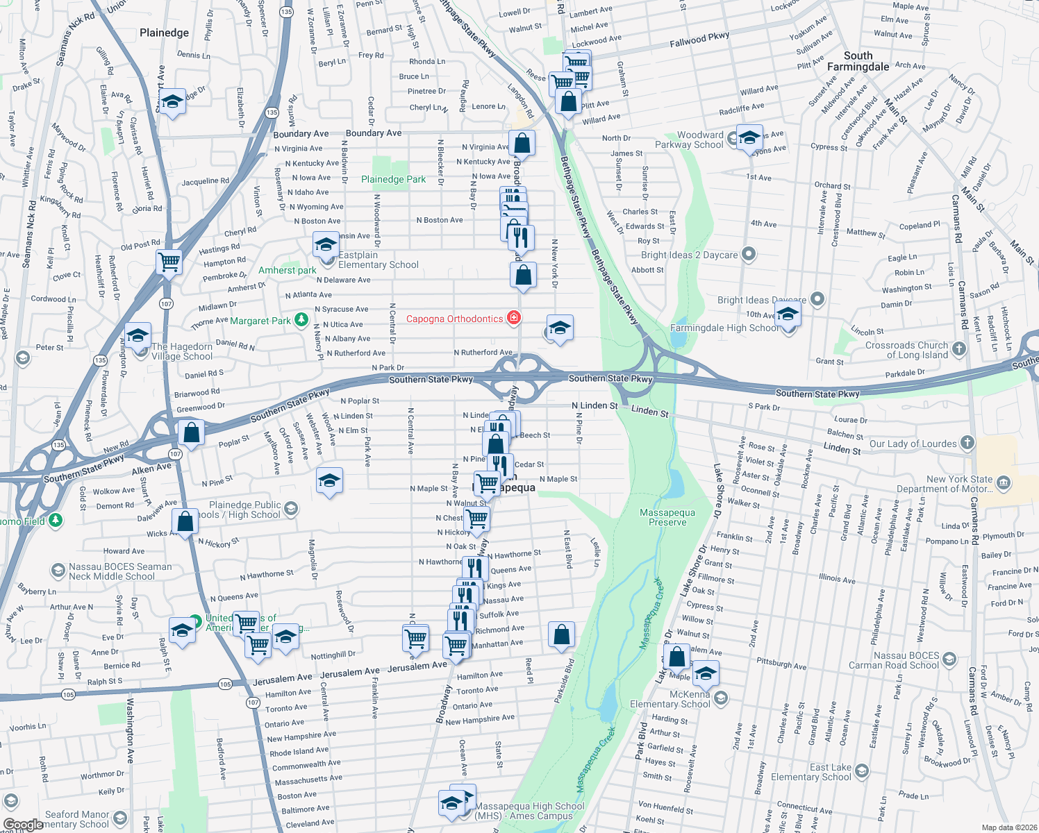 map of restaurants, bars, coffee shops, grocery stores, and more near 115 North Elm Street in Massapequa