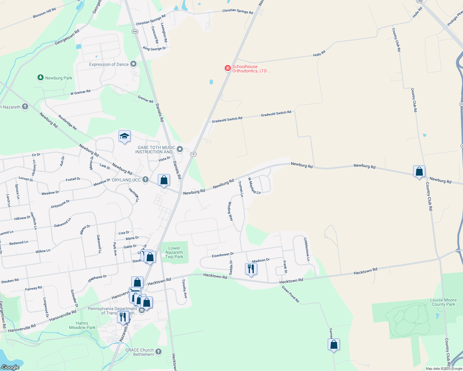 map of restaurants, bars, coffee shops, grocery stores, and more near 4259 Newburg Rd in Bethlehem