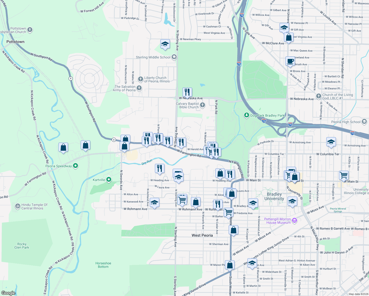 map of restaurants, bars, coffee shops, grocery stores, and more near 1315 North Rhodora Avenue in West Peoria