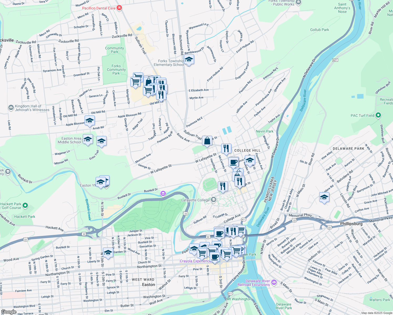 map of restaurants, bars, coffee shops, grocery stores, and more near 815 Wilbur Street in Easton