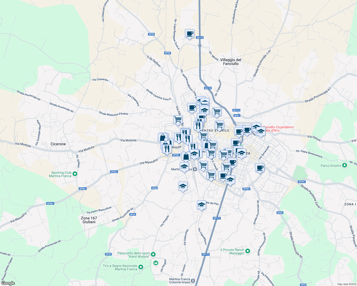 map of restaurants, bars, coffee shops, grocery stores, and more near 56 Via Mottola in Martina Franca