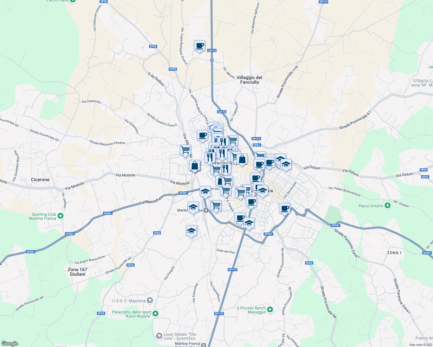 map of restaurants, bars, coffee shops, grocery stores, and more near 17 Via Conte Leopardi in Martina Franca