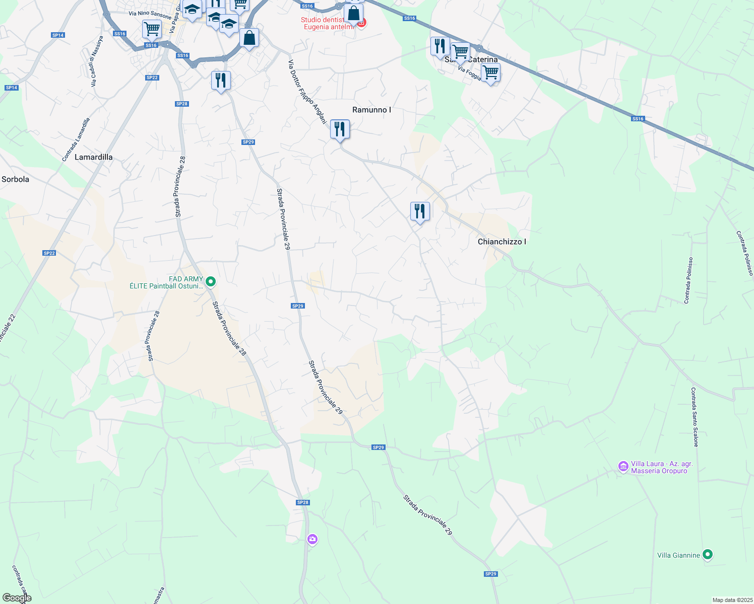 map of restaurants, bars, coffee shops, grocery stores, and more near Contrada Acquarella in Provincia di Brindisi