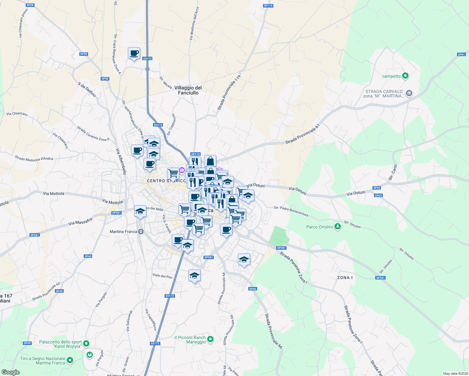 map of restaurants, bars, coffee shops, grocery stores, and more near 10 Circonvallazione in Martina Franca