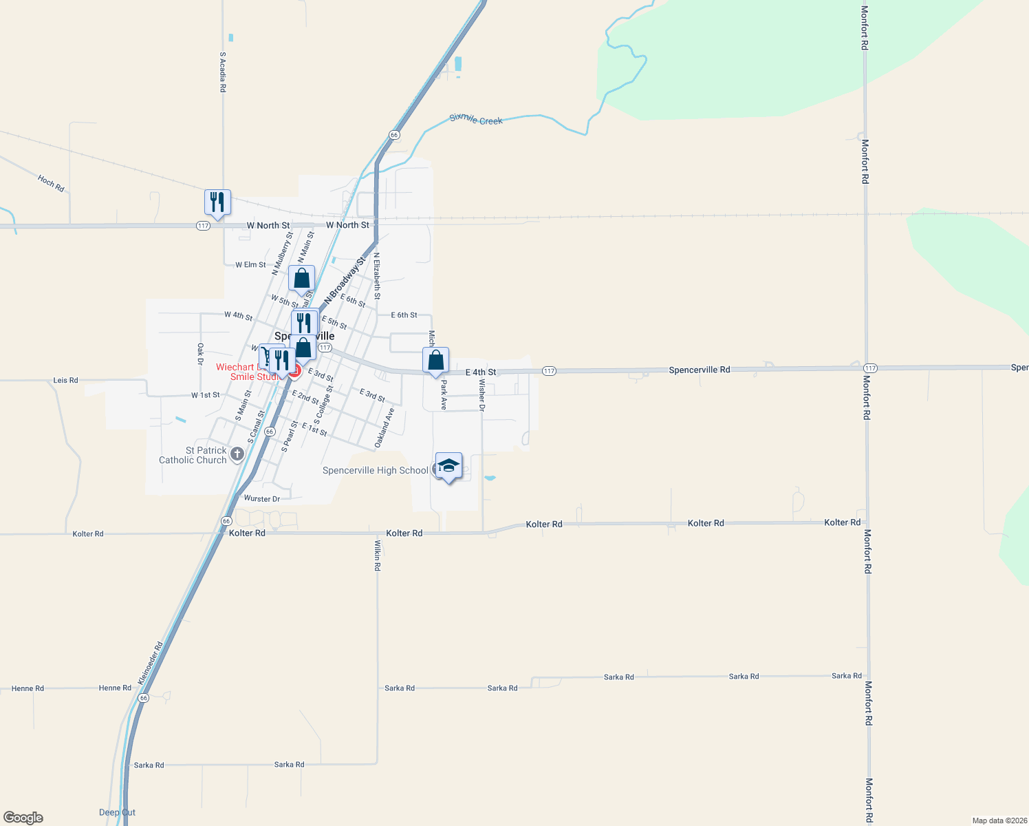 map of restaurants, bars, coffee shops, grocery stores, and more near 751 Eastgate Drive in Spencerville
