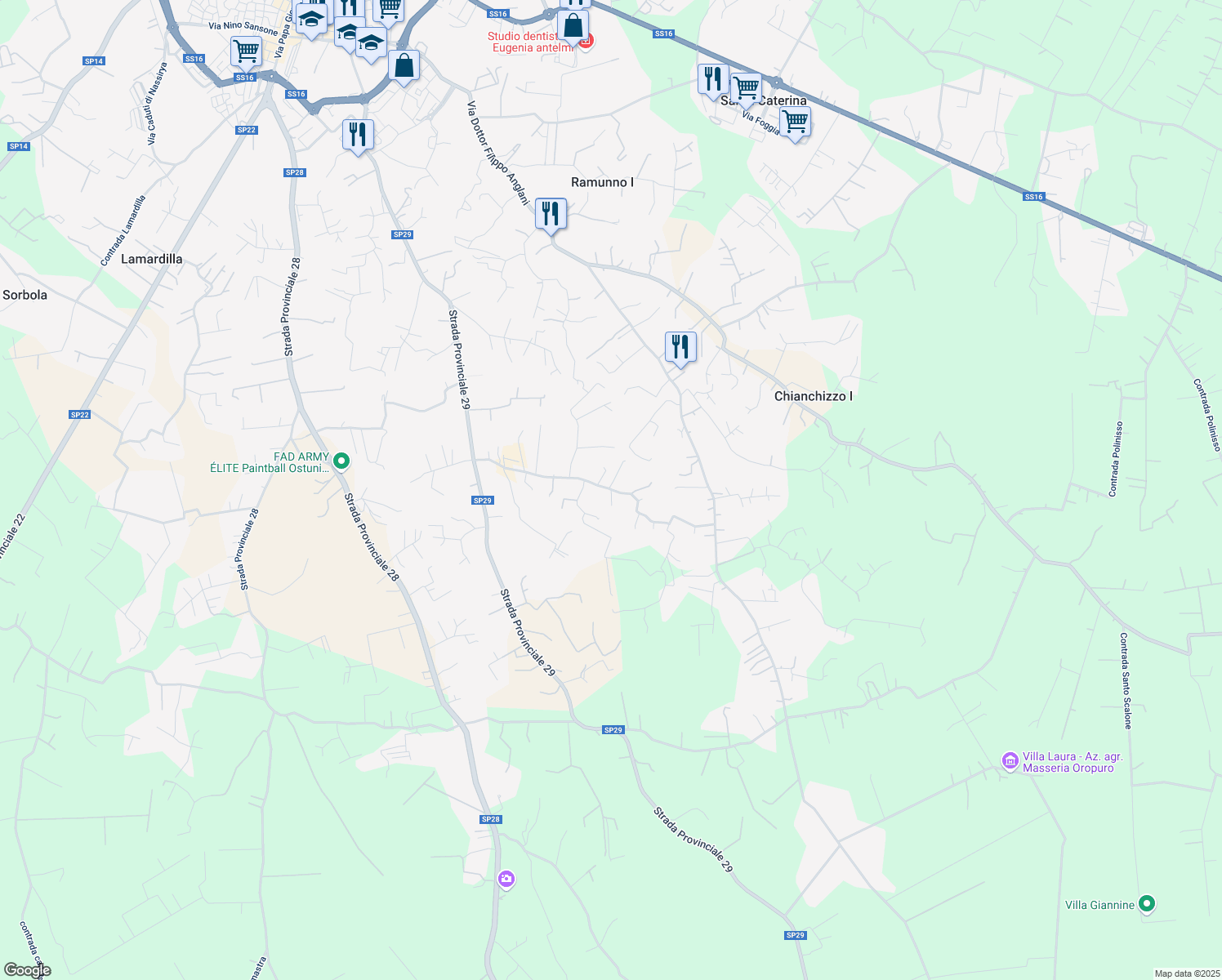 map of restaurants, bars, coffee shops, grocery stores, and more near Contrada Acquarella in Provincia di Brindisi