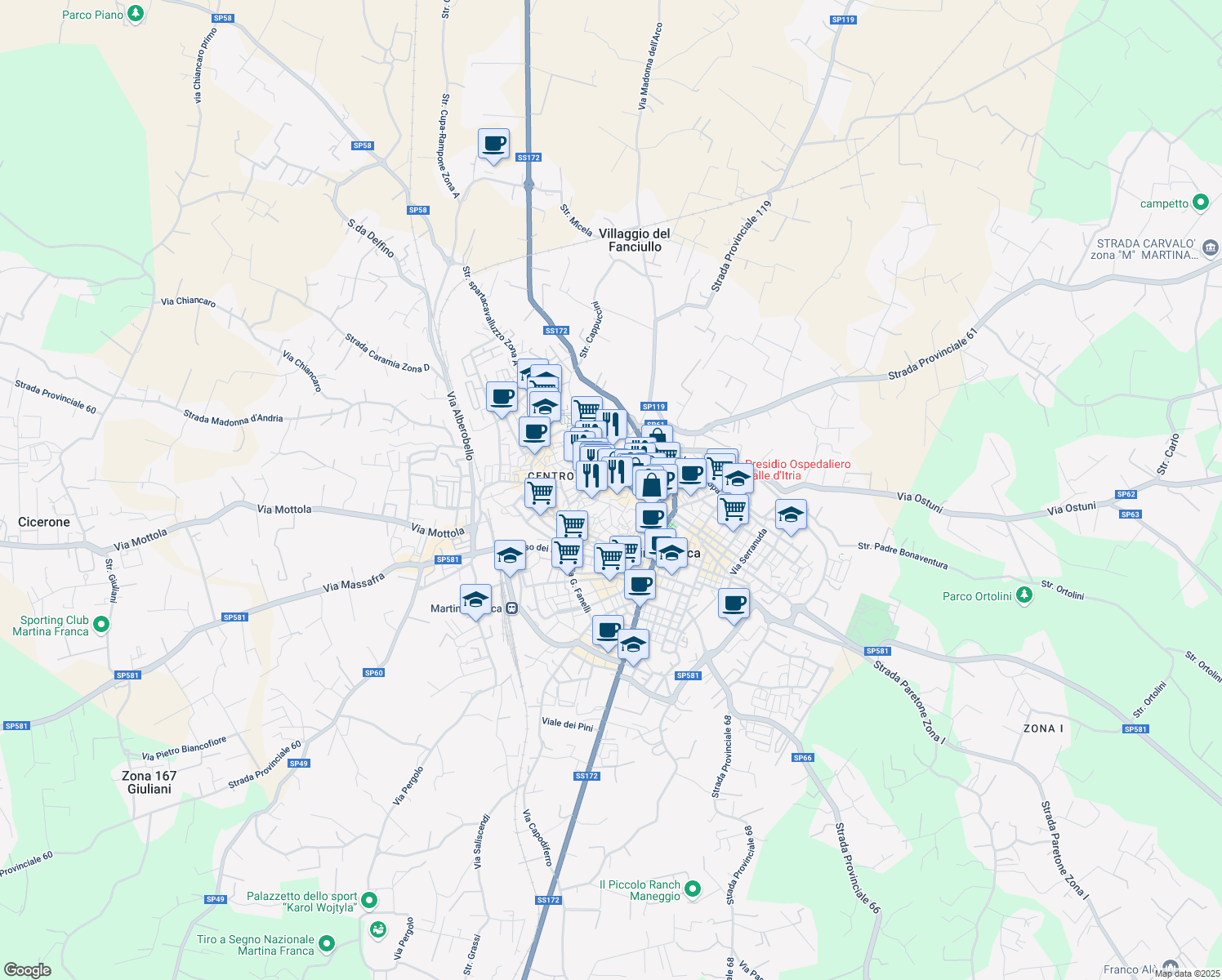 map of restaurants, bars, coffee shops, grocery stores, and more near 10 Via Masaniello in Martina Franca