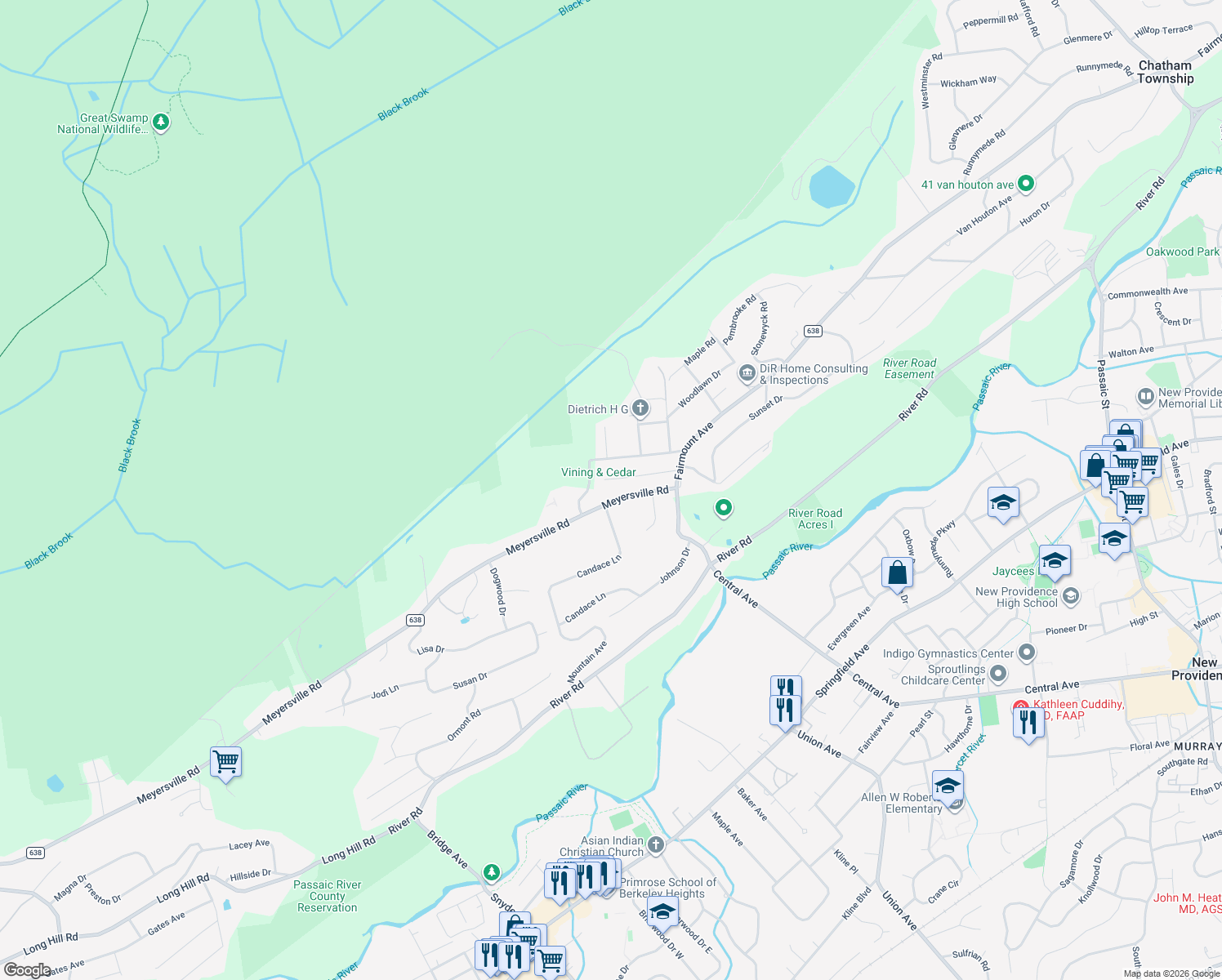 map of restaurants, bars, coffee shops, grocery stores, and more near 38 Meyersville Road in Chatham Township