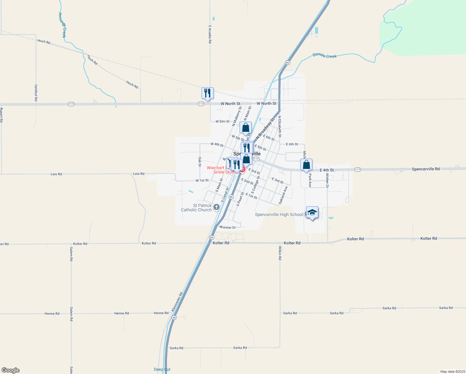 map of restaurants, bars, coffee shops, grocery stores, and more near 230 South Broadway Street in Spencerville