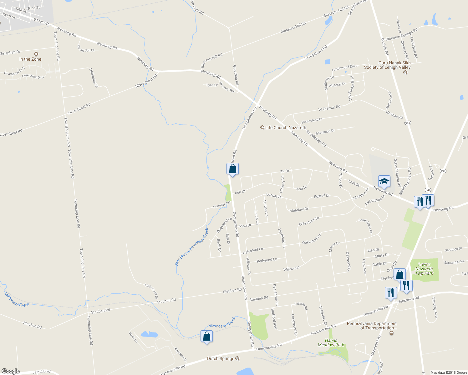 map of restaurants, bars, coffee shops, grocery stores, and more near 496 Georgetown Road in Nazareth