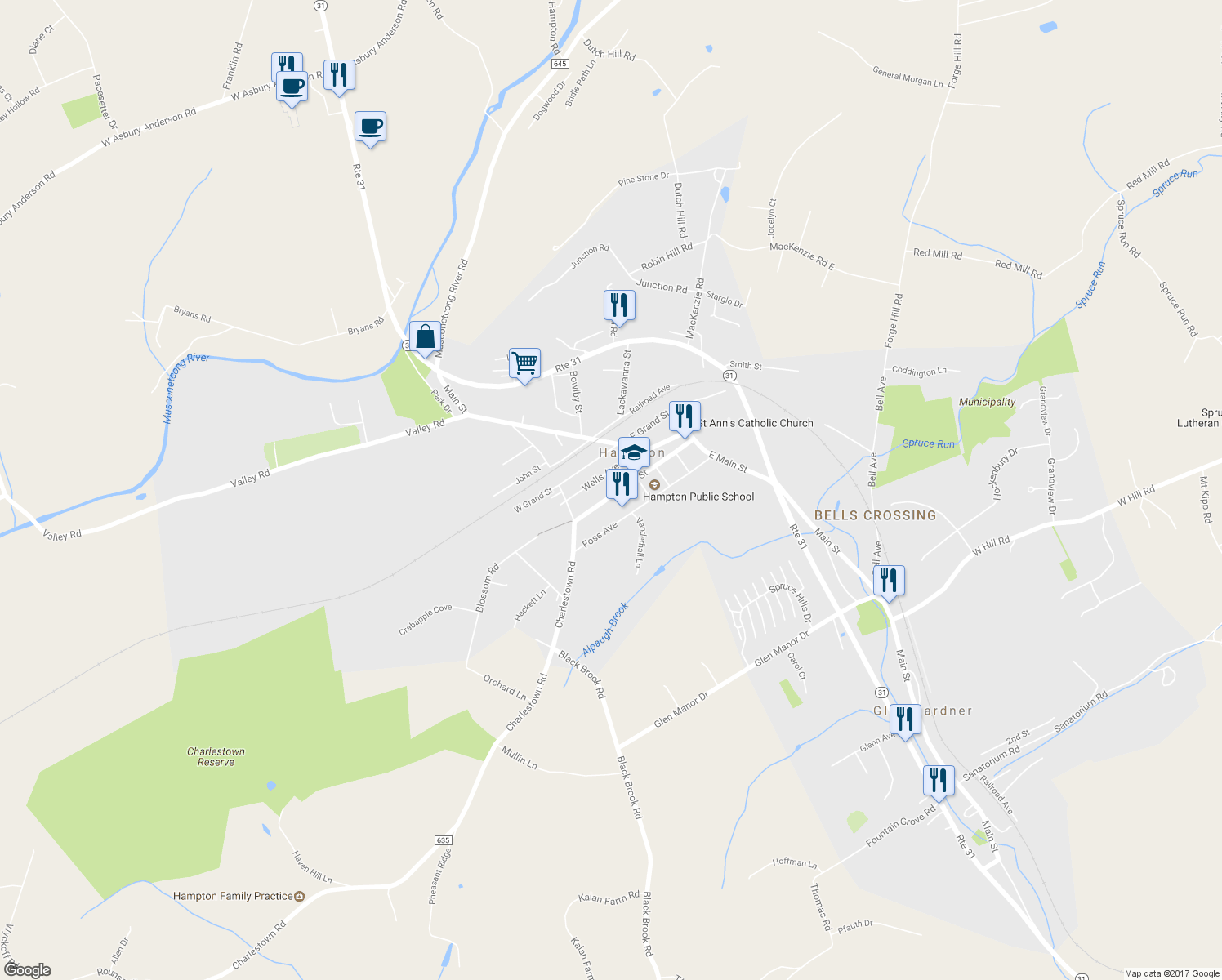 map of restaurants, bars, coffee shops, grocery stores, and more near 60 New Street in Hampton