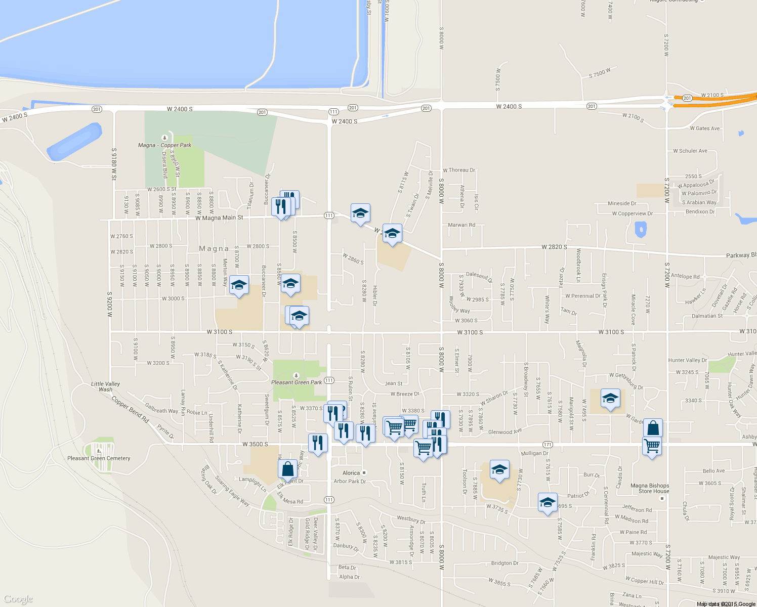 map of restaurants, bars, coffee shops, grocery stores, and more near 2999 Hibler Dr in Magna