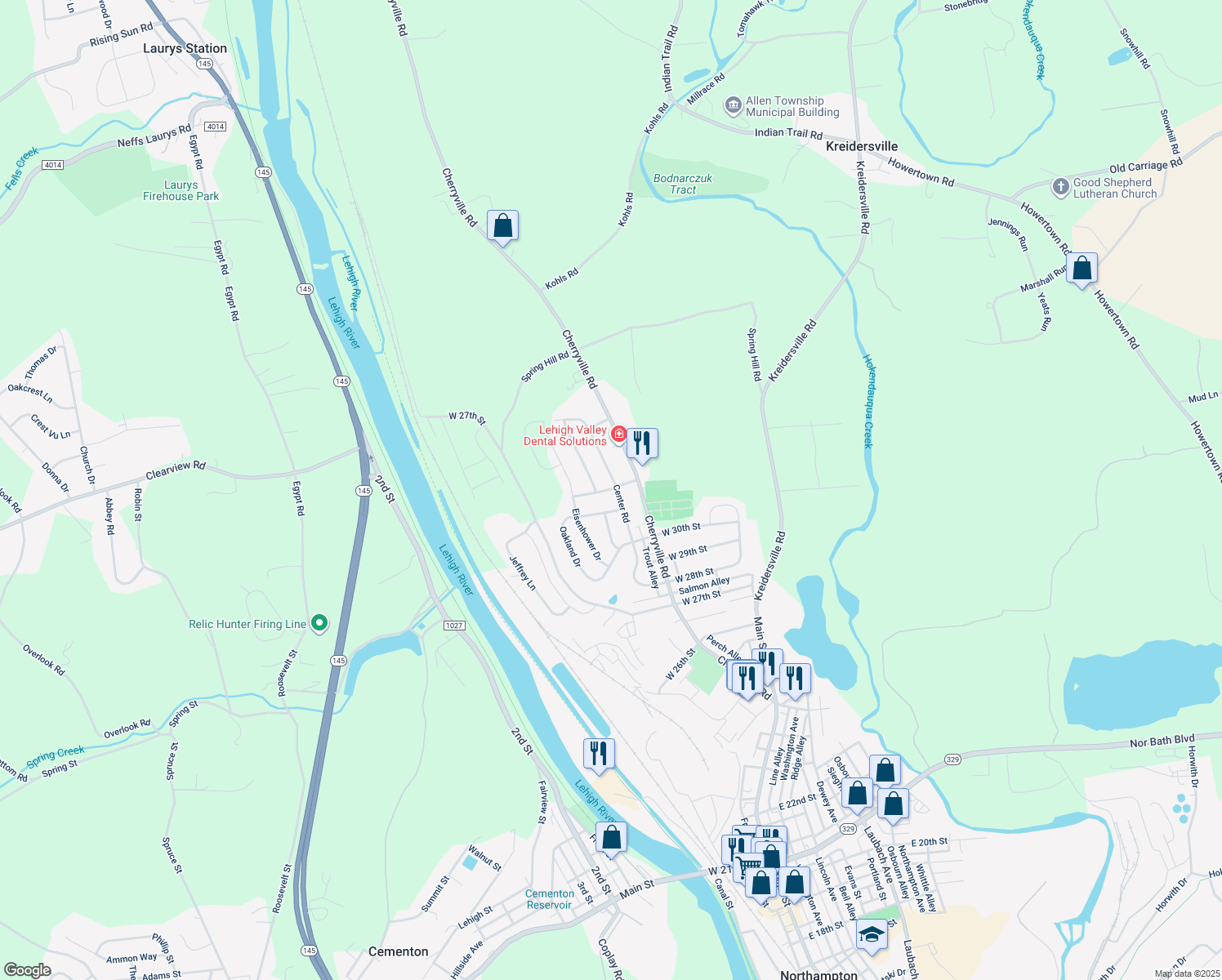 map of restaurants, bars, coffee shops, grocery stores, and more near 203 West 32nd Street in Northampton