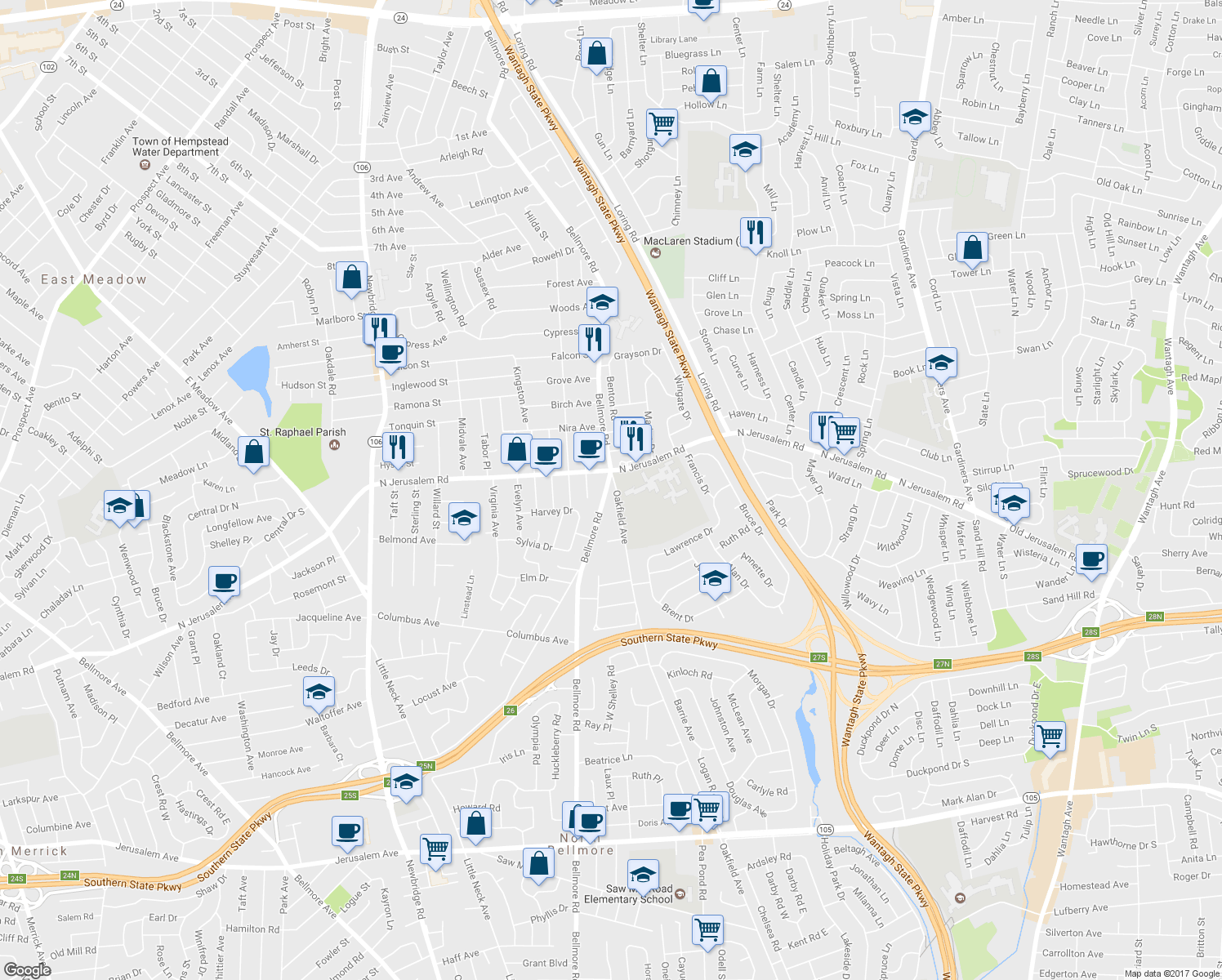 map of restaurants, bars, coffee shops, grocery stores, and more near 709 Bellmore Road in North Bellmore